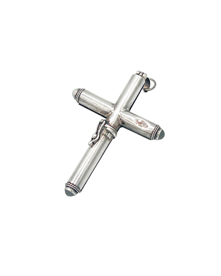 Sterling Silver Filigree Reliquary / Prayer Box Cross Pendant with Opalescent Cabochon