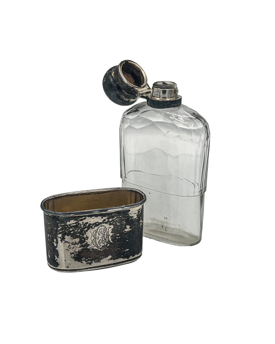 Antique English Sterling Silver & Glass Hip Flask with Removable Cup, Birmingham Hallmarks
