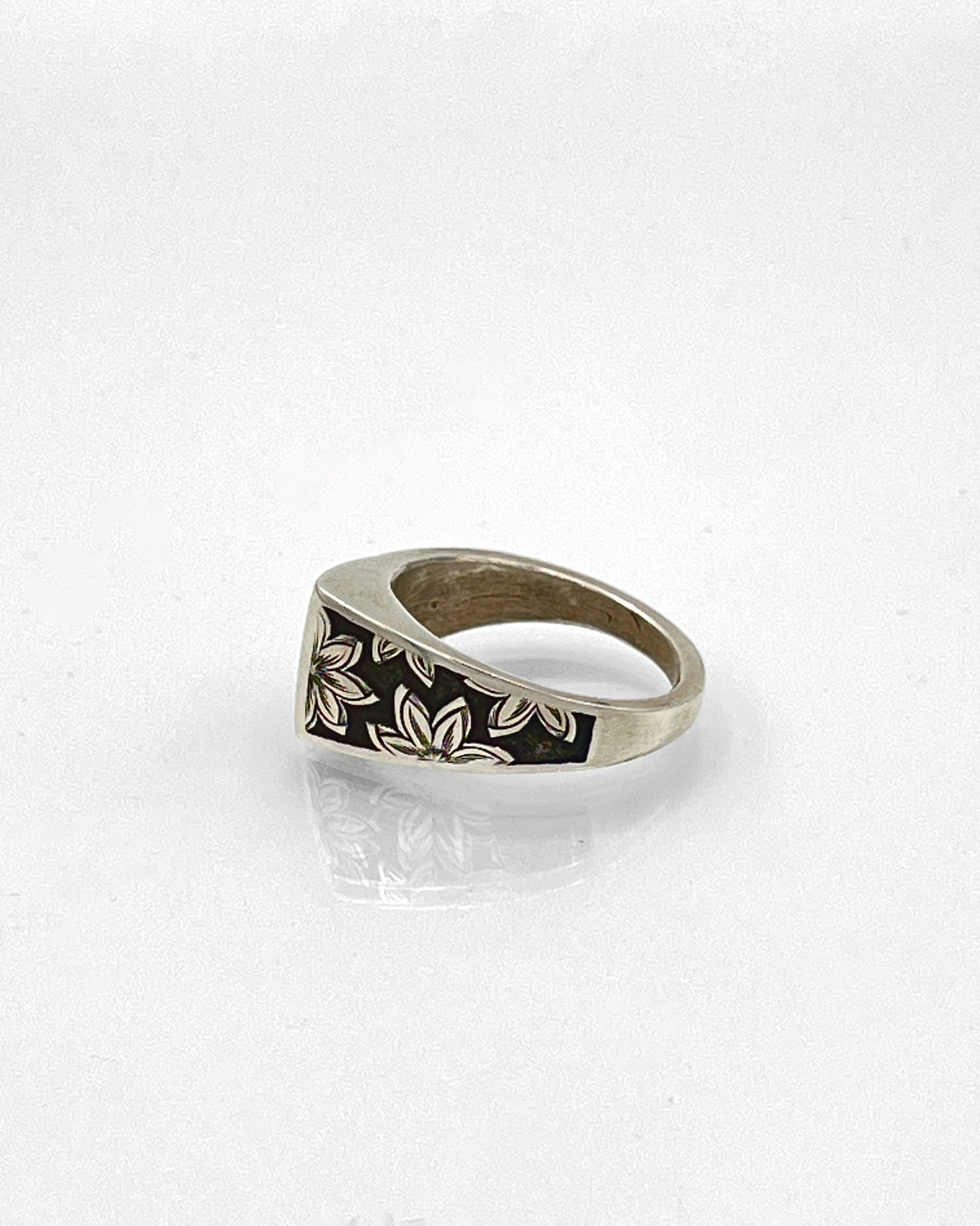 Sterling Silver Ring engraved Lotus Blossoms and Pyrite