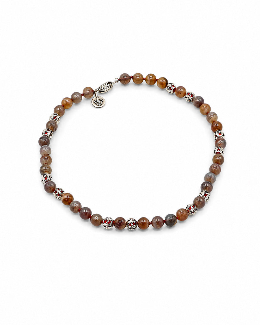 Pearly Agate Necklace with Coral Encased in Sterling Silver Beads