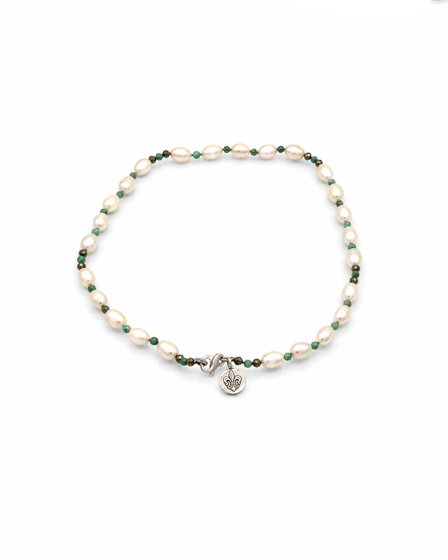 Biwa Pearl, Turquoise and Pyrite Necklace