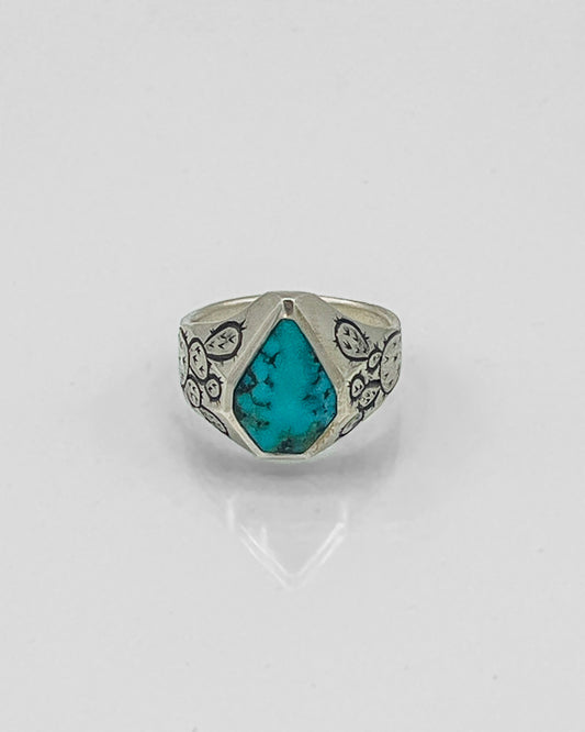 Sterling Silver Ring with Prickly Pear Motif and Kingman Turquoise