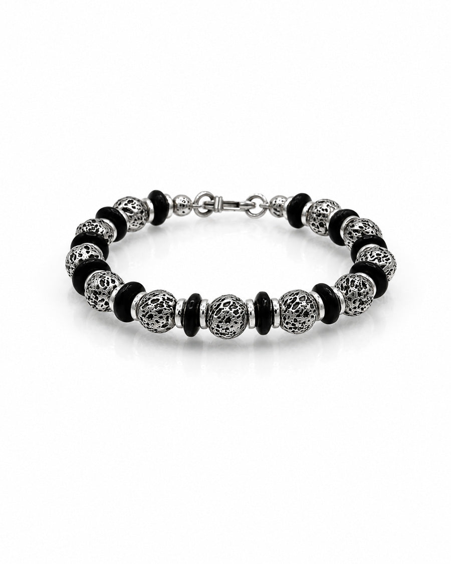 Heavy Sterling and Lava Onyx Bead Bracelet