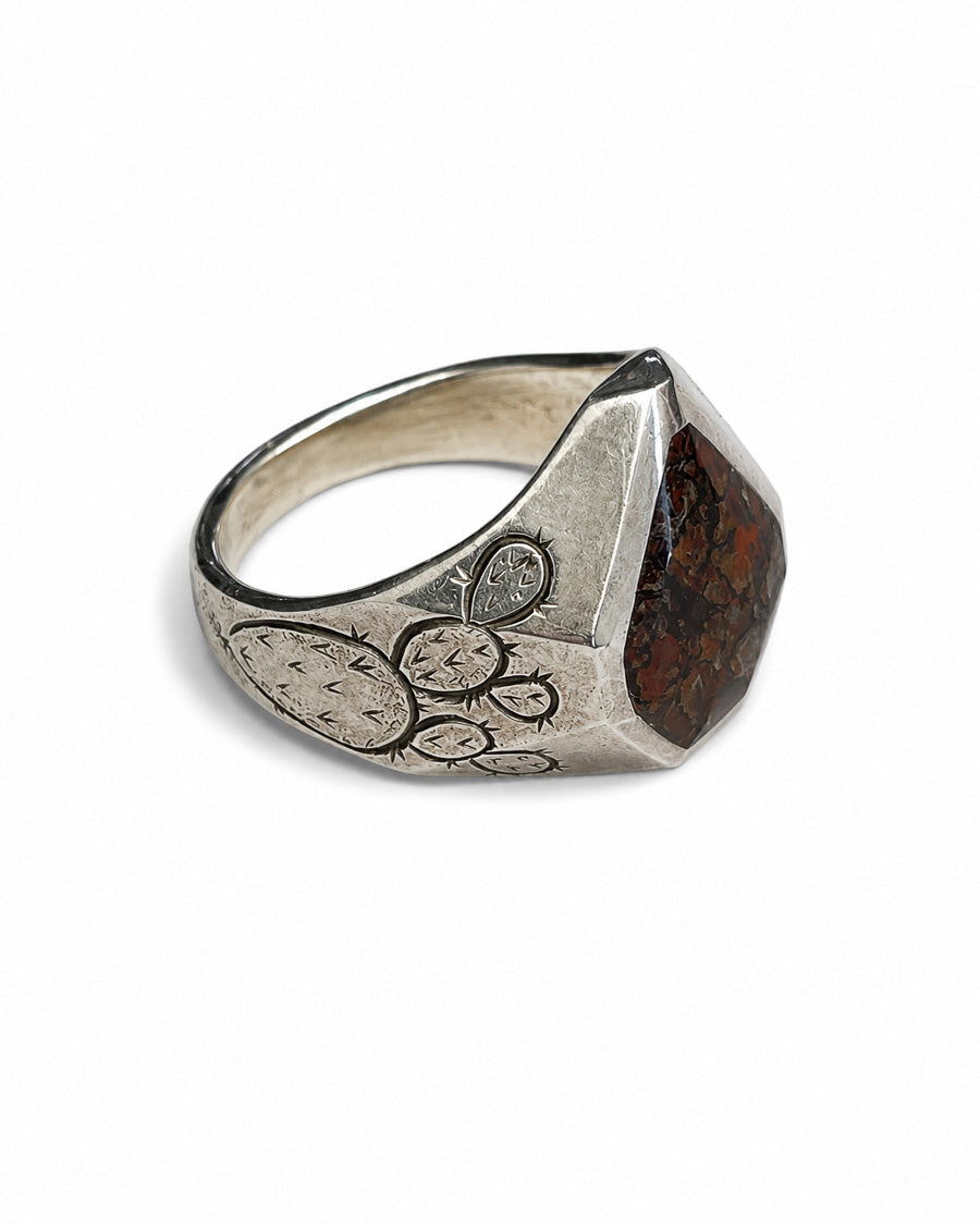 Sterling Silver Ring with Prickly Pear Motif and Dinosaur Bone