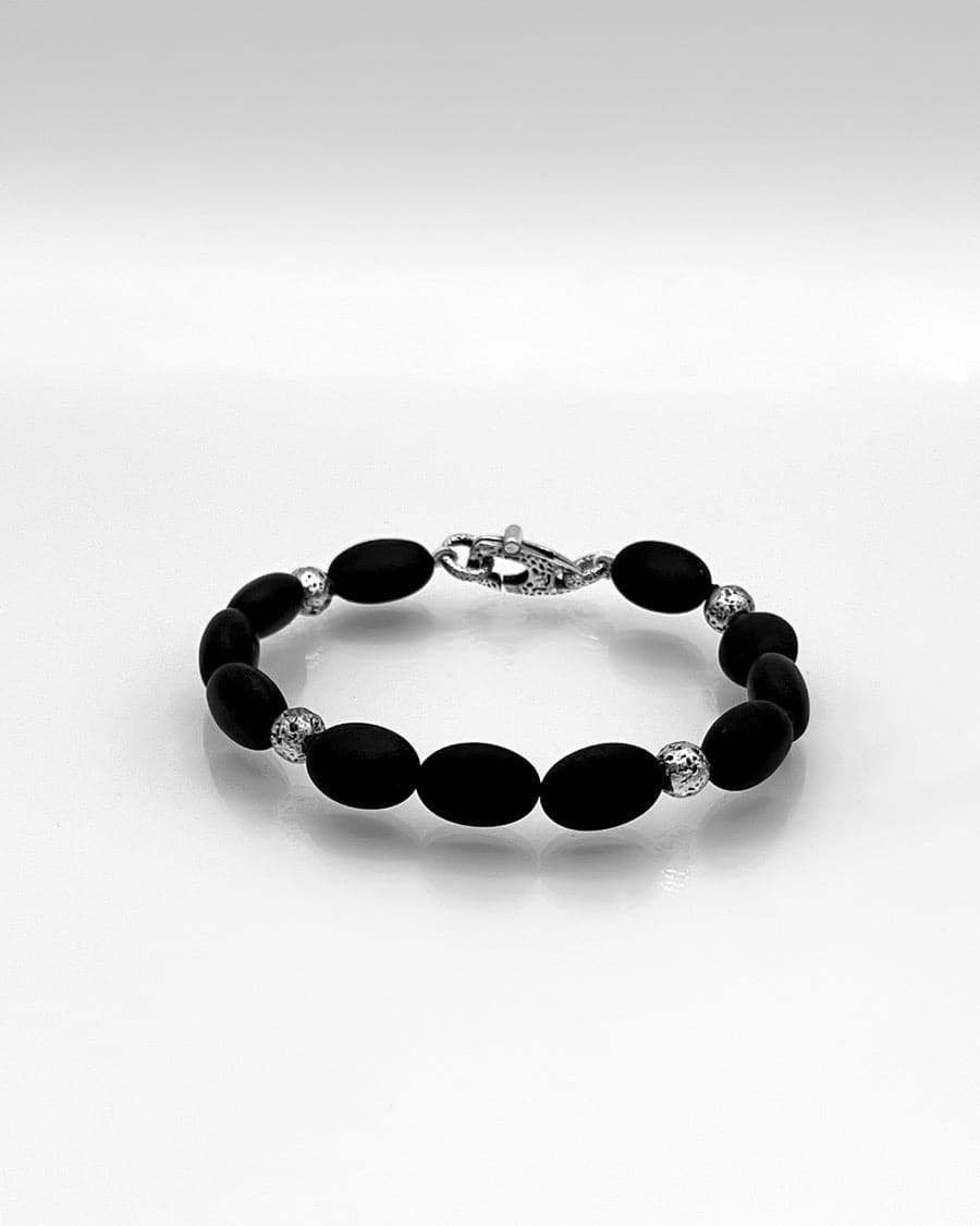 Black Onyx, Sterling and Coral Bracelet