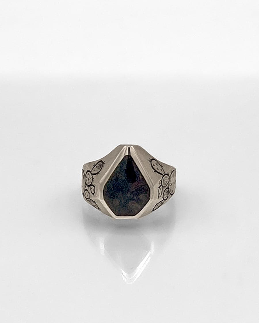 Sterling Silver Ring with Prickly Pear Motif and Dinosaur Bone
