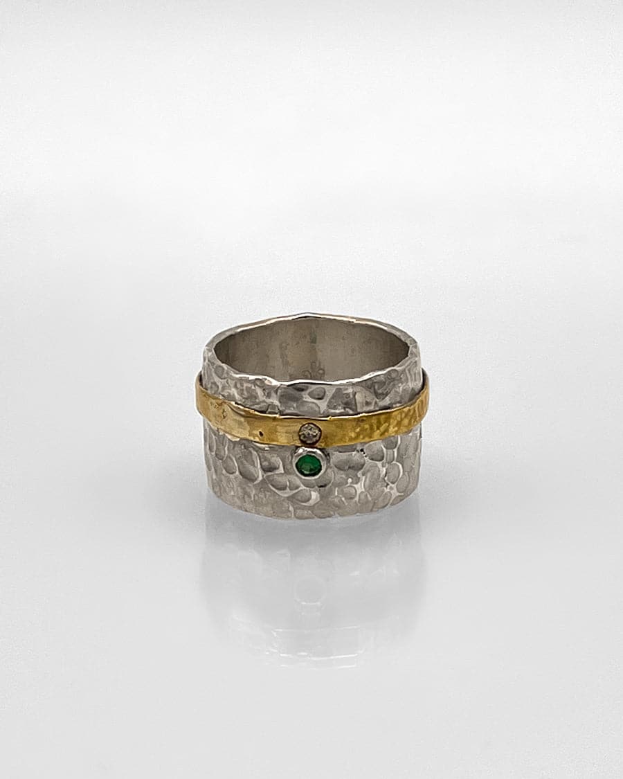 Silver, Brass, Emerald and Diamond Ring