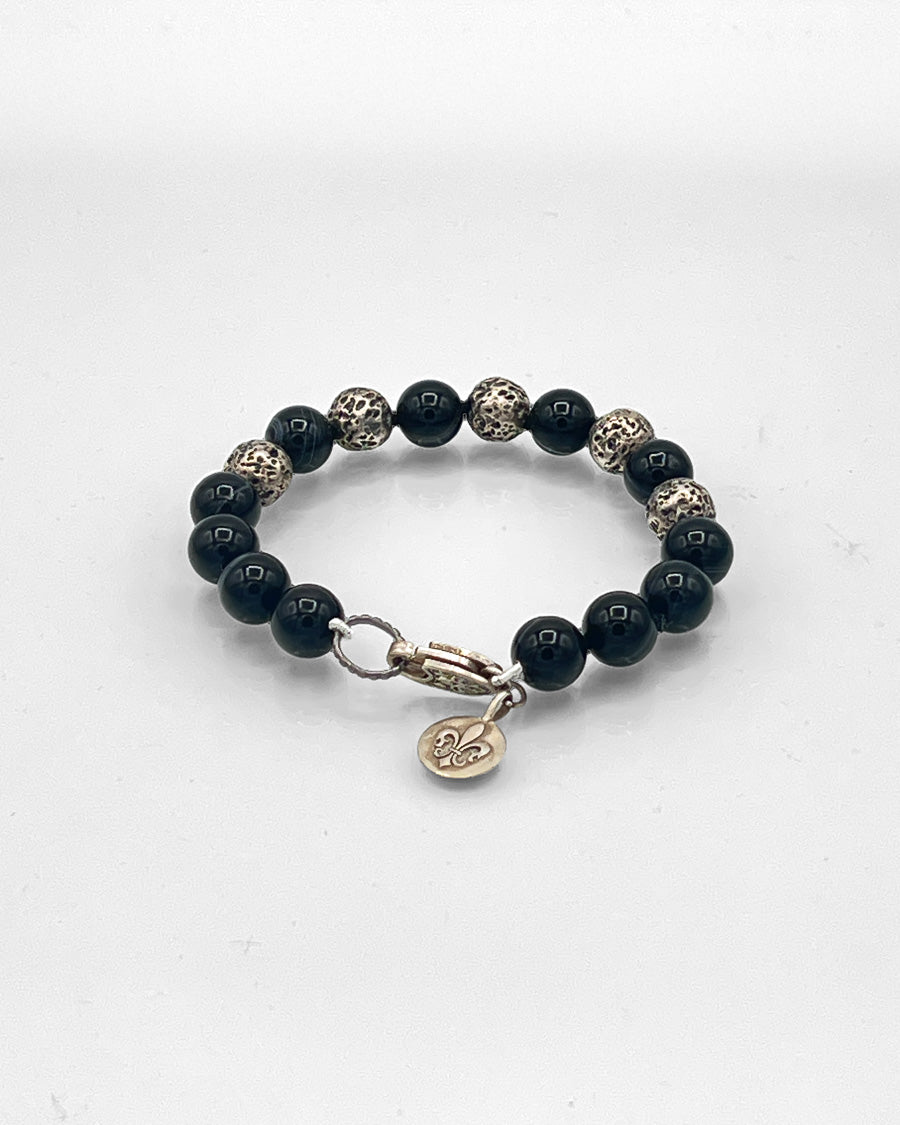 Heavy Sterling and Obsidian Bead Bracelet