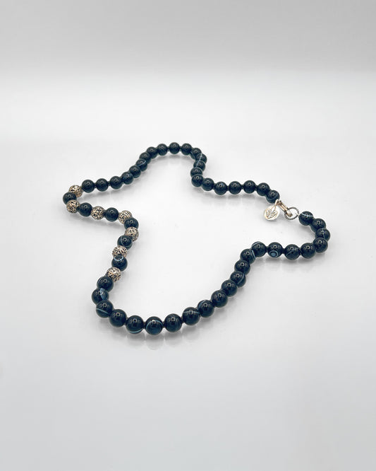 Heavy Sterling and Obsidian Bead Necklace