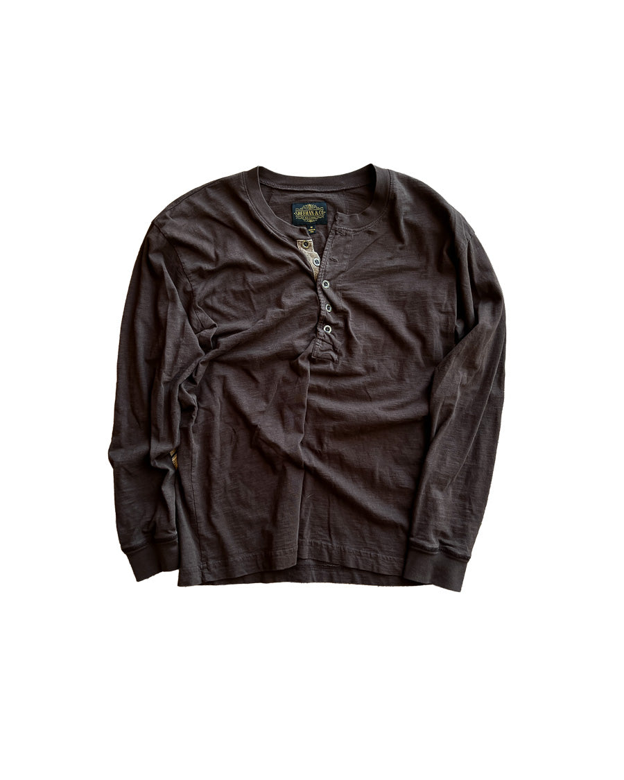 Brown Long Sleeve Henley with Leather Placket