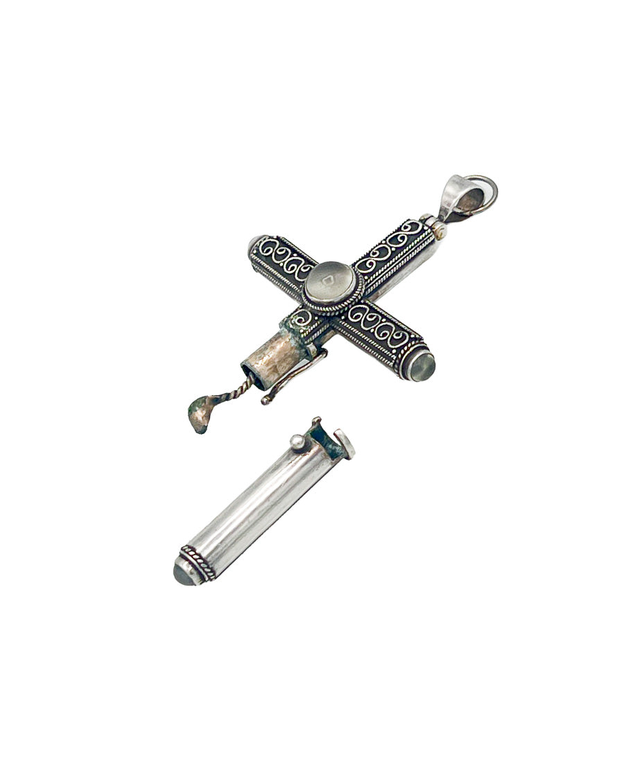 Sterling Silver Filigree Reliquary / Prayer Box Cross Pendant with Opalescent Cabochon