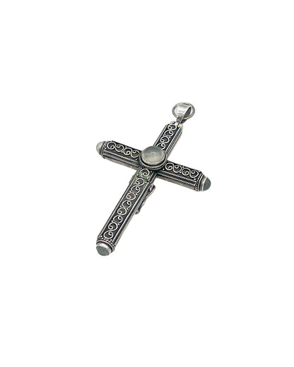 Sterling Silver Filigree Reliquary / Prayer Box Cross Pendant with Opalescent Cabochon