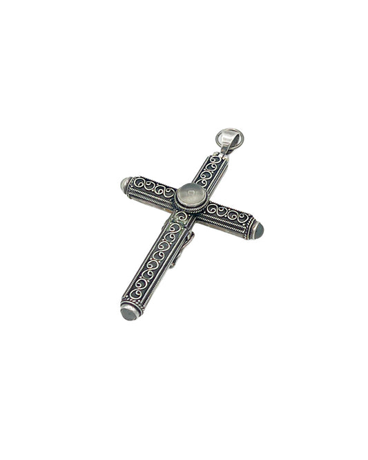 Sterling Silver Filigree Reliquary / Prayer Box Cross Pendant with Opalescent Cabochon