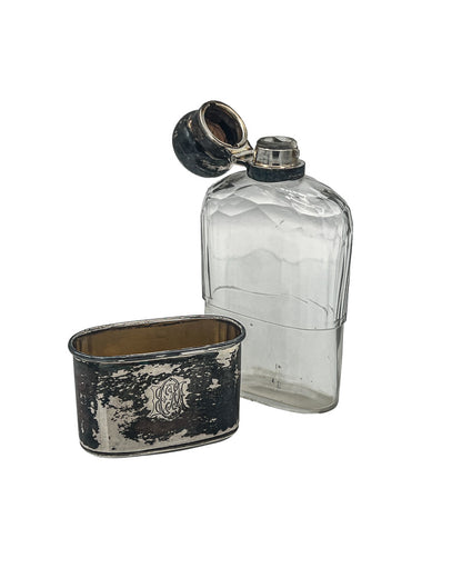 Antique English Sterling Silver & Glass Hip Flask with Removable Cup, Birmingham Hallmarks