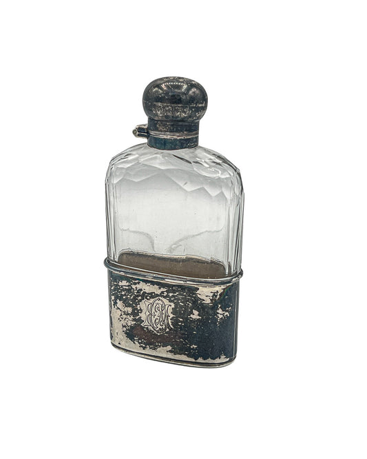 Antique English Sterling Silver & Glass Hip Flask with Removable Cup, Birmingham Hallmarks