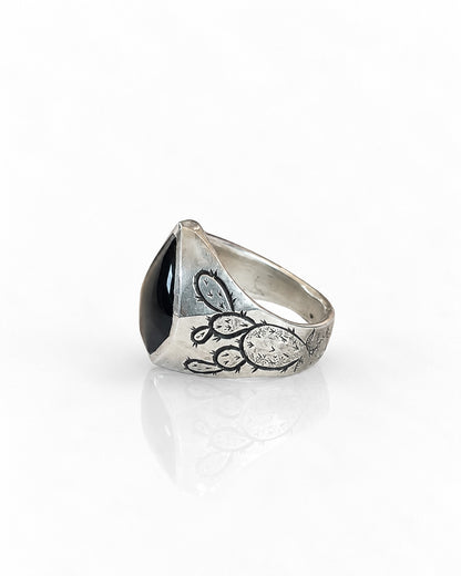 Sterling Silver Ring with Prickly Pear Motif and Black Onyx