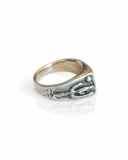 Sterling Silver Ring with Saguaro Motif and Dinosaur Bone