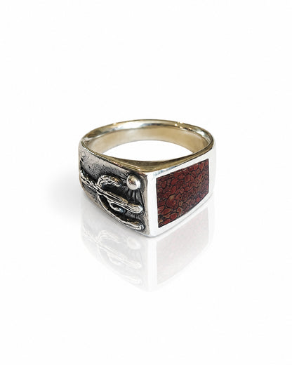 Sterling Silver Ring with Saguaro Motif and Dinosaur Bone