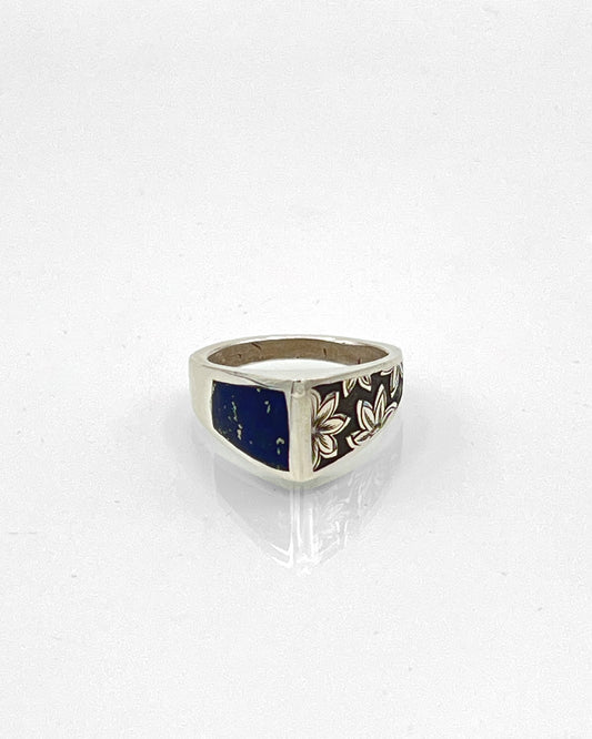 Sterling Silver Ring engraved Lotus Blossoms and Pyrite