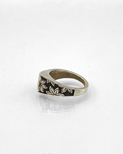 Sterling Silver Ring engraved Lotus Blossoms and Pyrite
