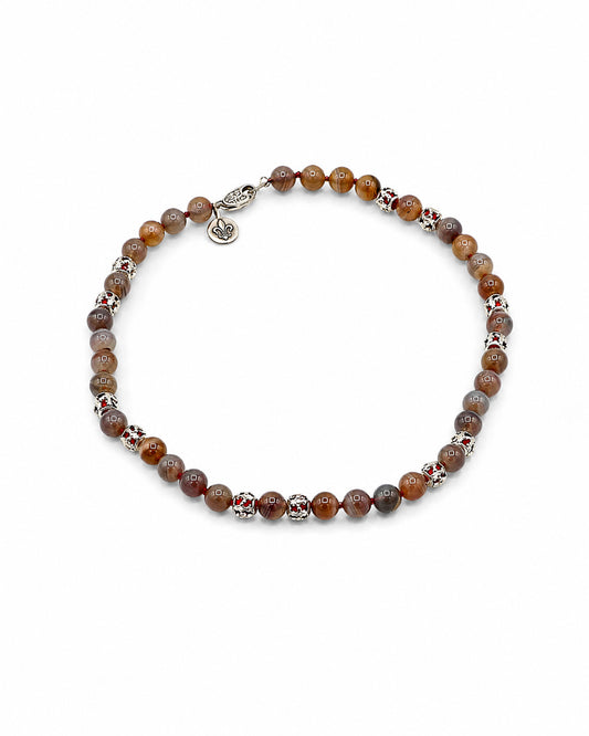 Pearly Agate Necklace with Coral Encased in Sterling Silver Beads