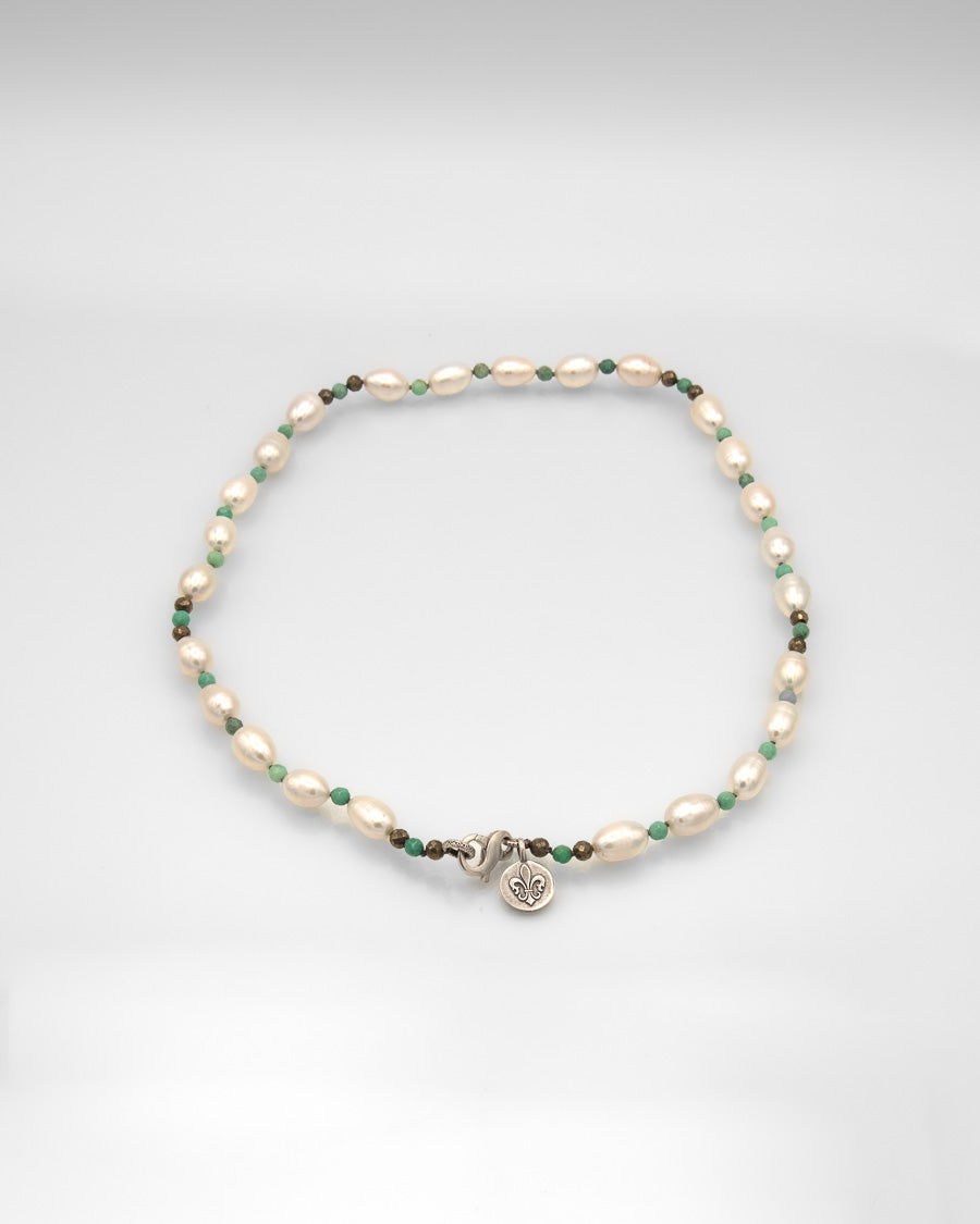 Biwa Pearl, Turquoise and Pyrite Necklace