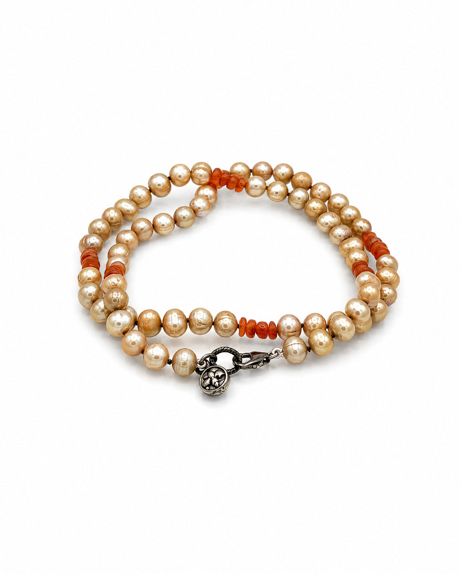 Cream Colored Freshwater Pearl with Carnelian Accents Necklace