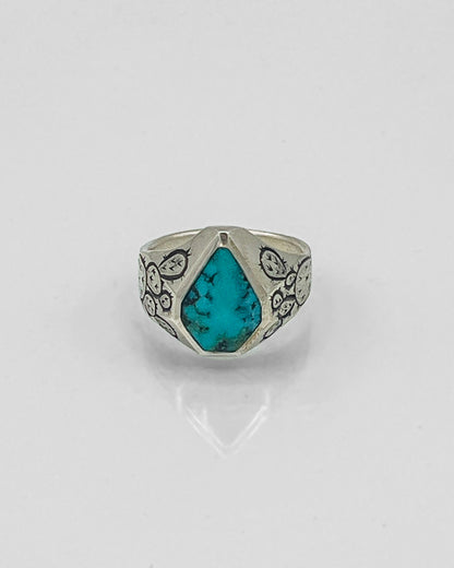 Sterling Silver Ring with Prickly Pear Motif and Kingman Turquoise