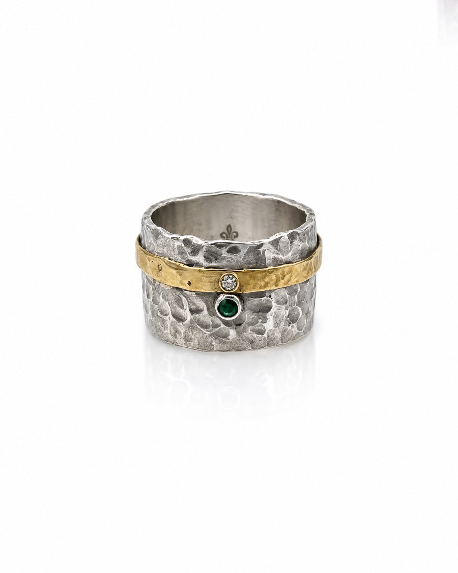 Silver, Brass, Emerald and Diamond Ring