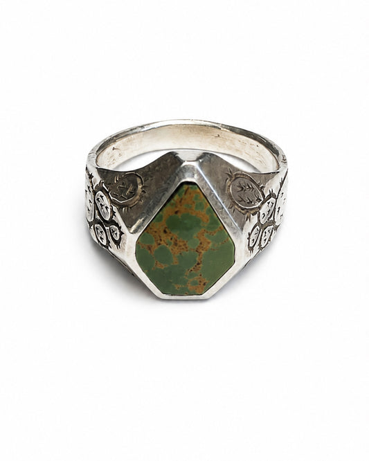 Sterling Silver Ring with Prickly Pear Motif and Green Turquoise