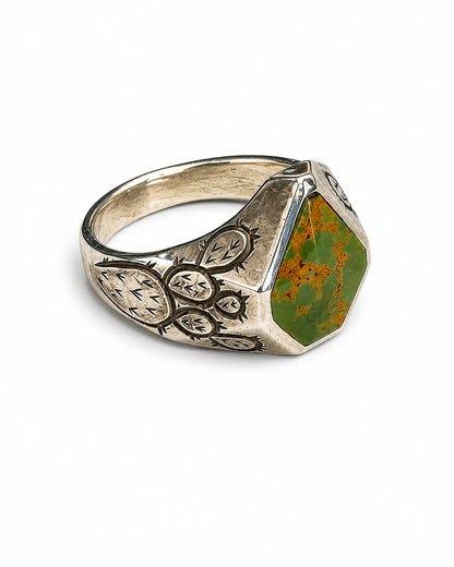 Sterling Silver Ring with Prickly Pear Motif and Green Turquoise