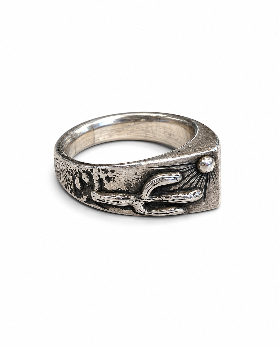 Sterling Silver Ring with Saguaro Sunset Motif and Kingman Turquoise