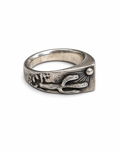 Sterling Silver Ring with Saguaro Sunset Motif and Kingman Turquoise