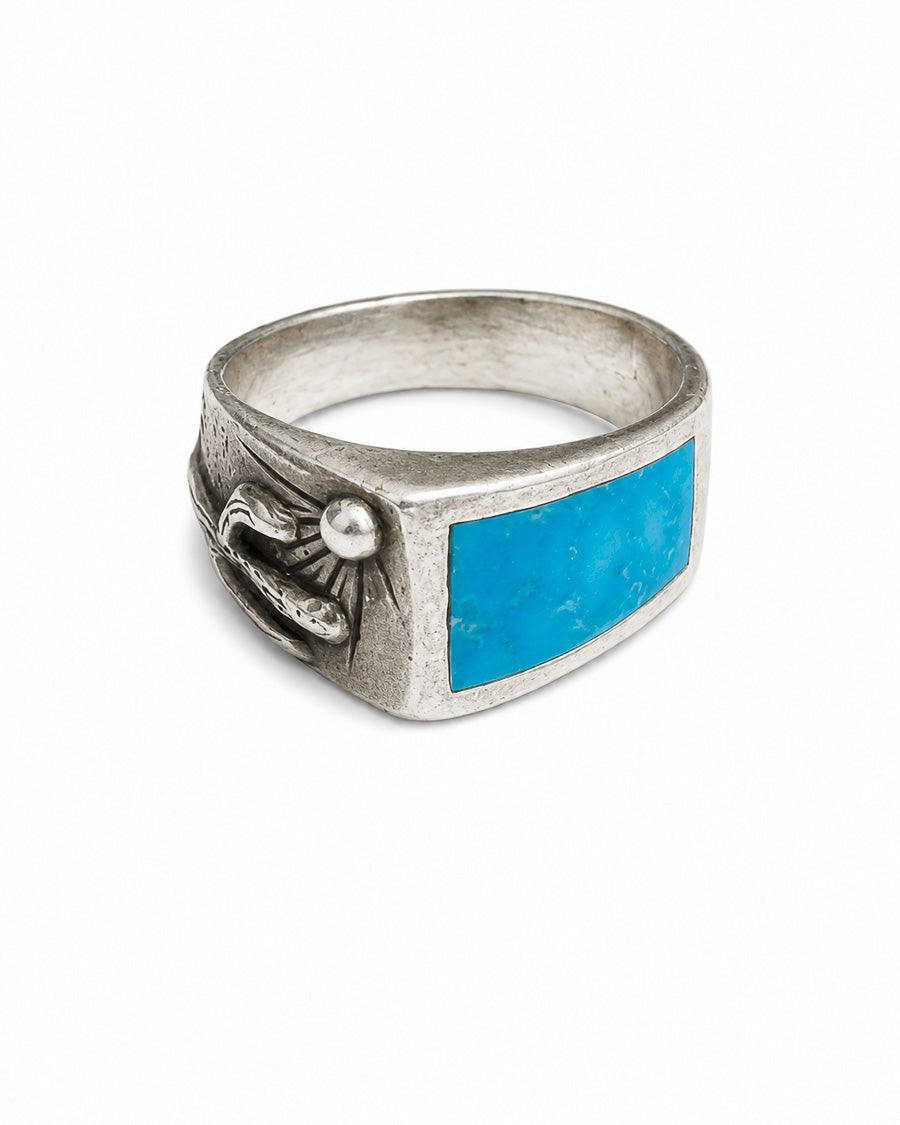 Sterling Silver Ring with Saguaro Sunset Motif and Kingman Turquoise