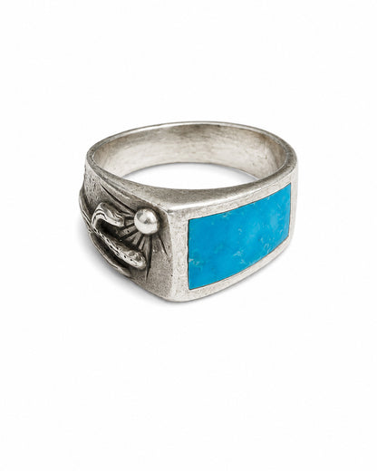 Sterling Silver Ring with Saguaro Sunset Motif and Kingman Turquoise