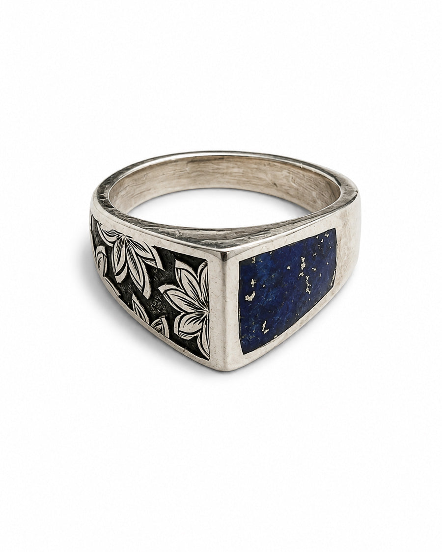 Sterling Silver Ring engraved Lotus Blossoms and Pyrite