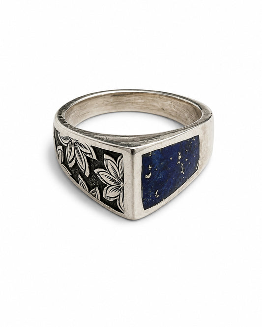 Sterling Silver Ring engraved Lotus Blossoms and Pyrite
