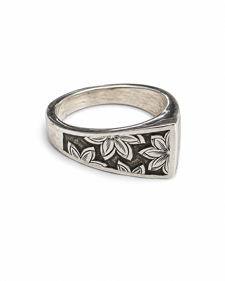 Sterling Silver Ring engraved Lotus Blossoms and Pyrite