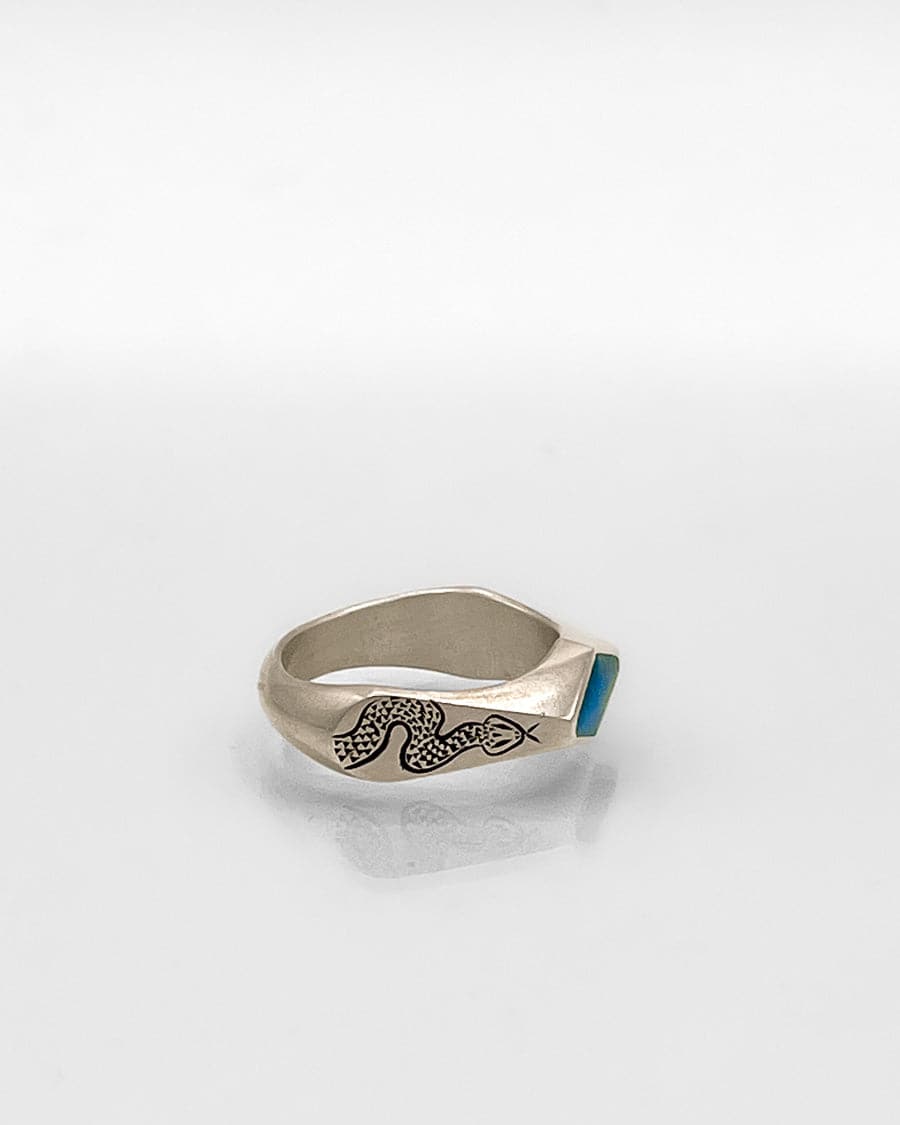 Sterling Silver Ring with Rattlesnake Motif and Turquoise