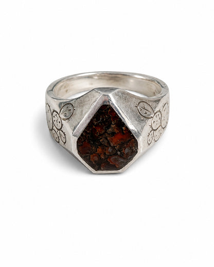 Sterling Silver Ring with Prickly Pear Motif and Dinosaur Bone