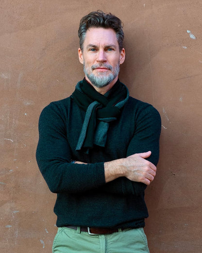 Alec Laughlin wearing black and grey merino wool scarf