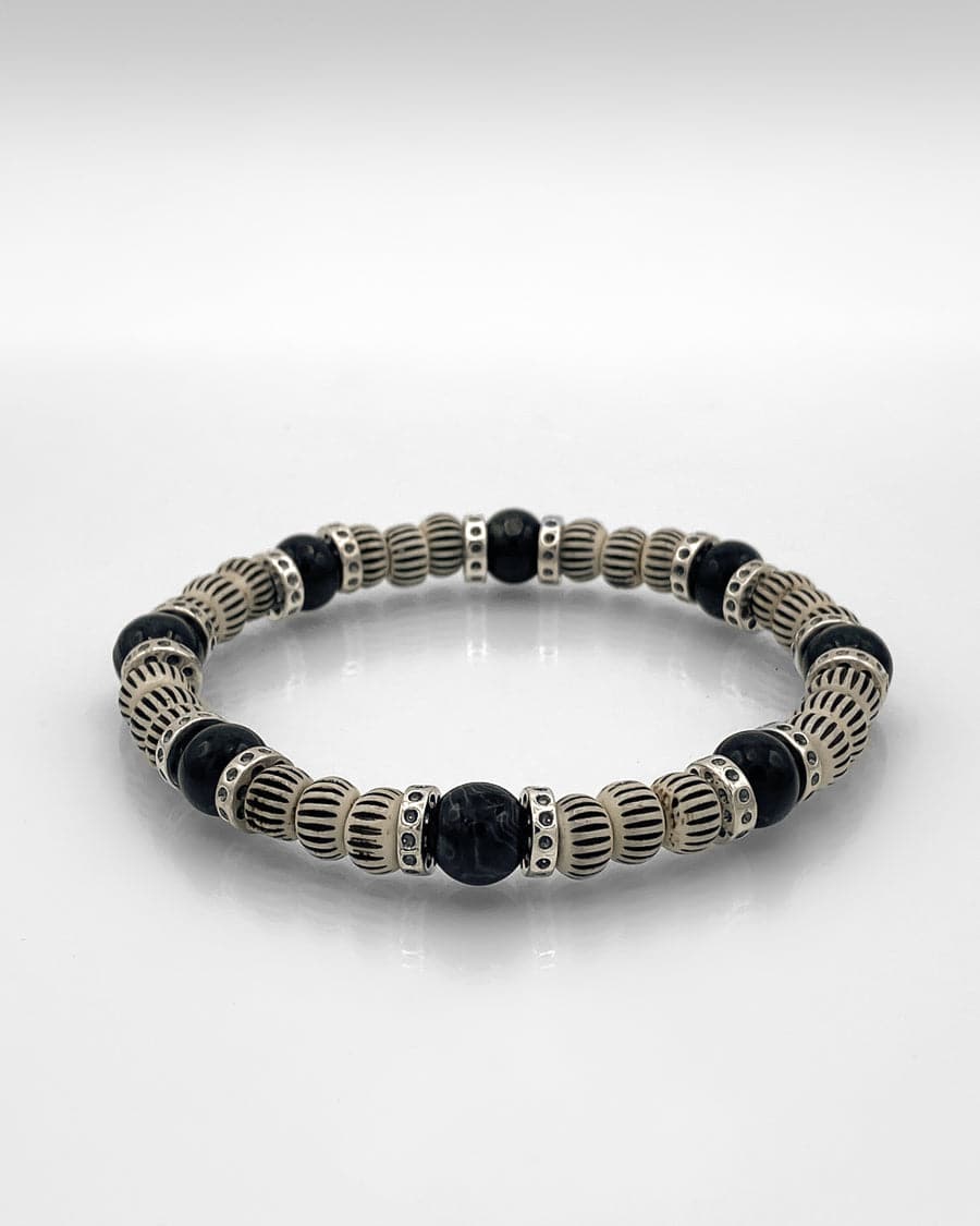 Black Obsidian, Bone and Silver Bead Bracelet