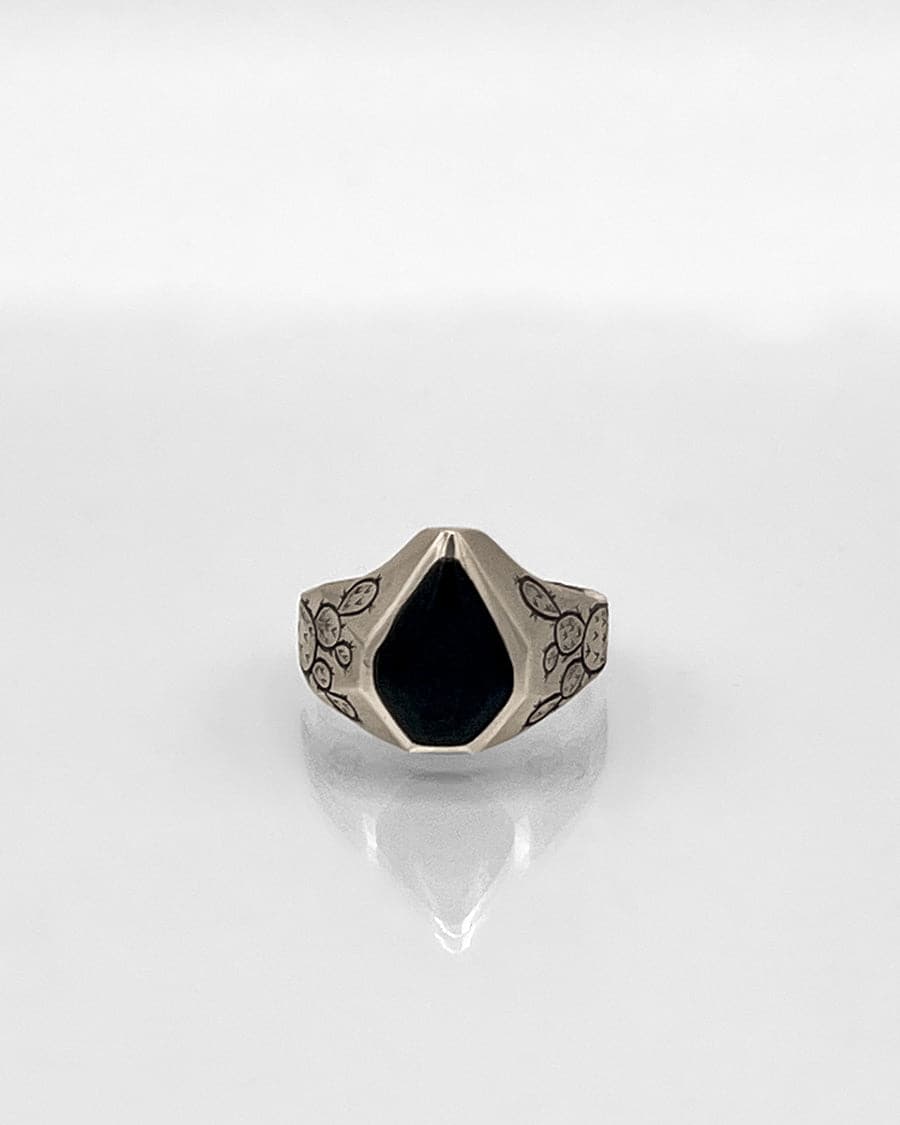 Sterling Silver Ring with Prickly Pear Motif and Black Onyx