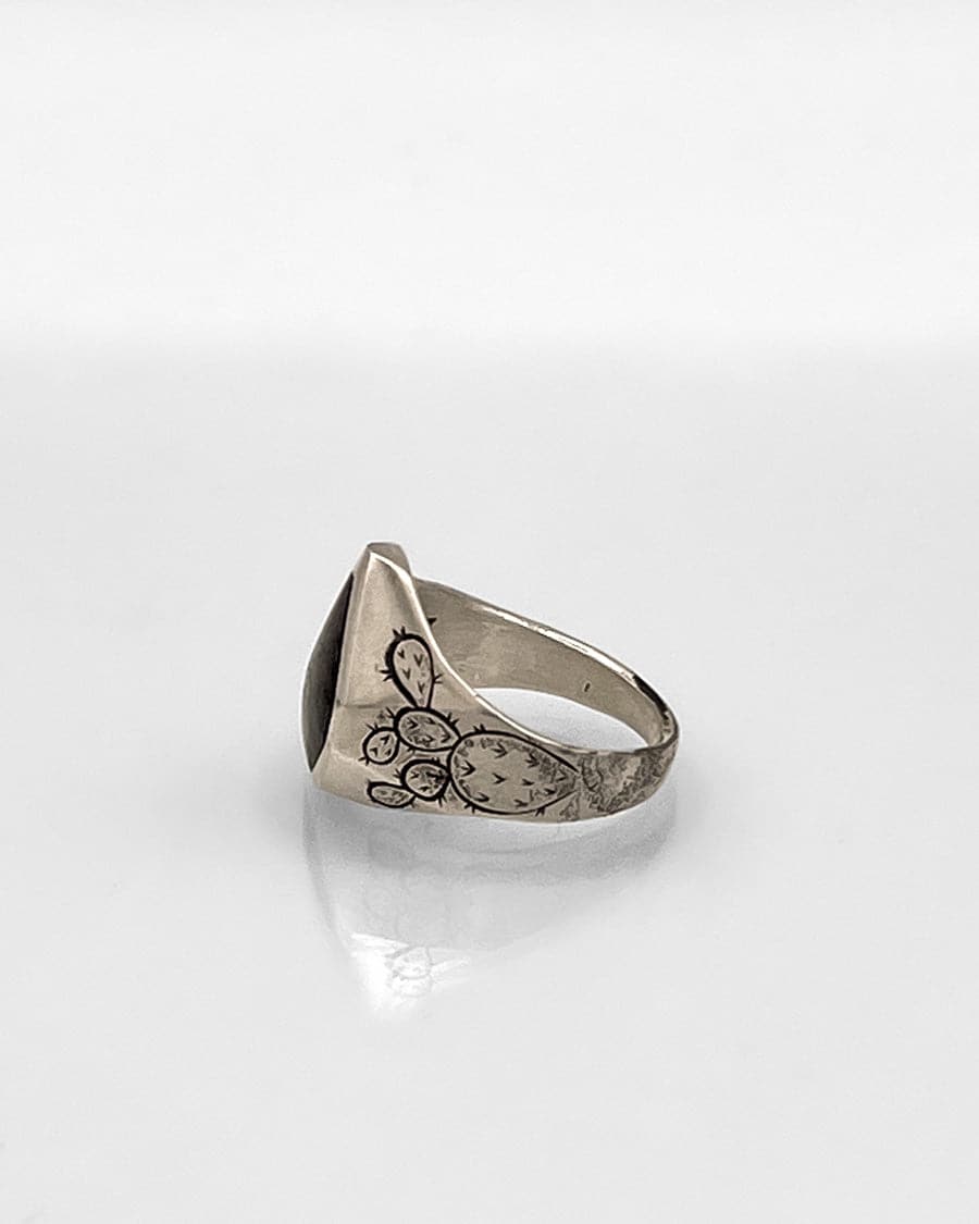 Sterling Silver Ring with Prickly Pear Motif and Dinosaur Bone