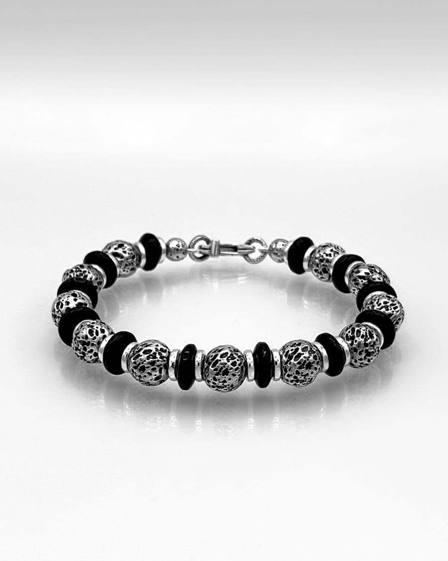 Heavy Sterling and Lava Onyx Bead Bracelet