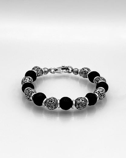 Heavy Sterling and Lava Onyx Bead Bracelet