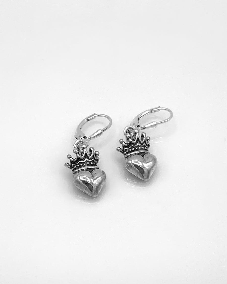 Silver Crown and Heart Drop Earrings